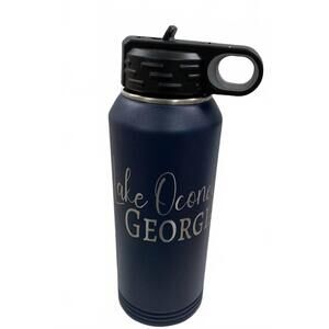 NEW TOWN PRIDE lake oconee water bottle in navy blue w/silver text